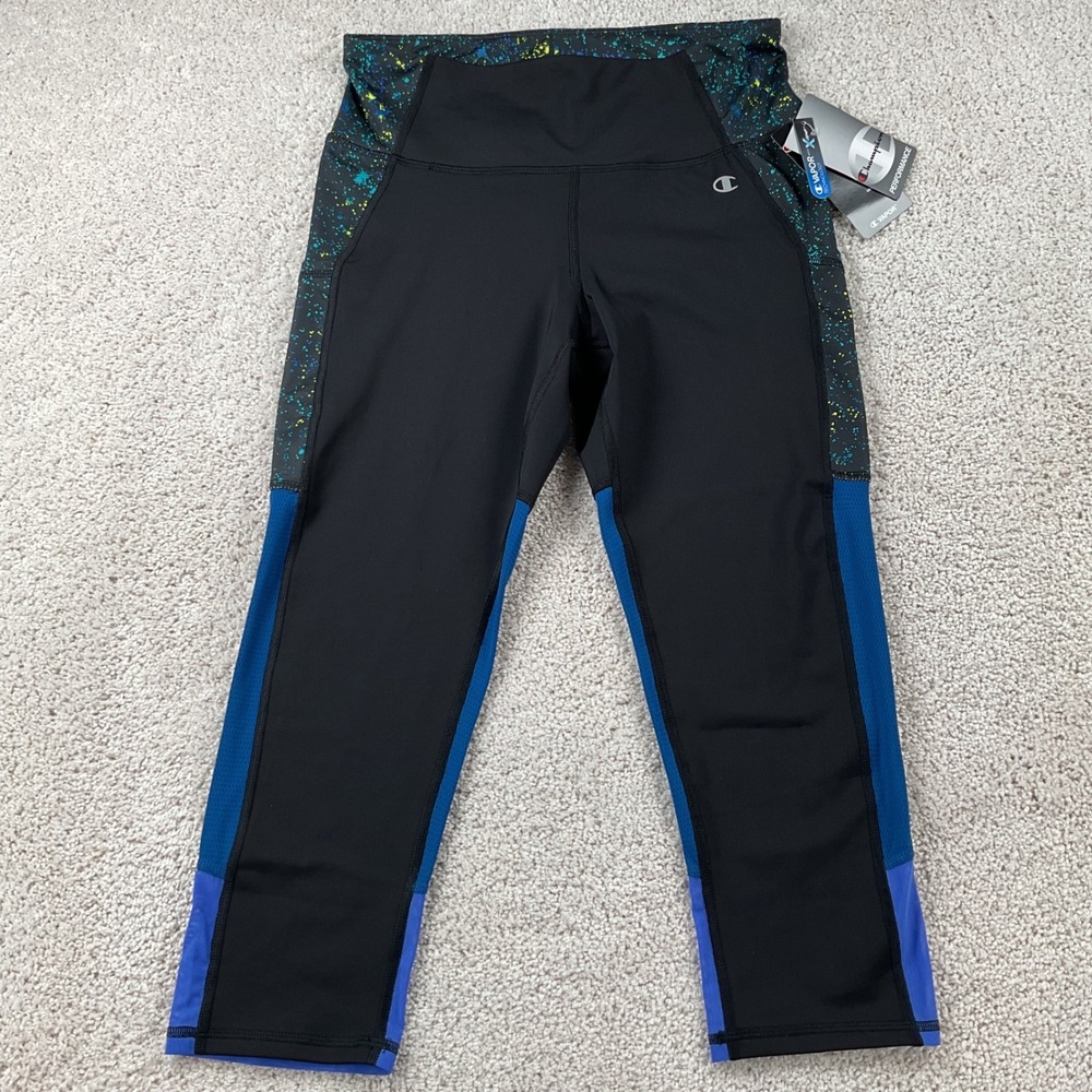 Champion Performance Vapor Womens Cropped Leggings Black Blue Splatter M9931 NEW